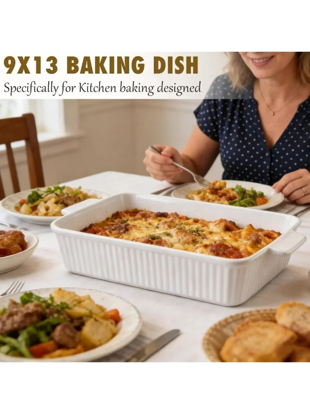 Large 9x13 Ceramic Casserole Dish with Handles - Oven Safe Baking Pan for